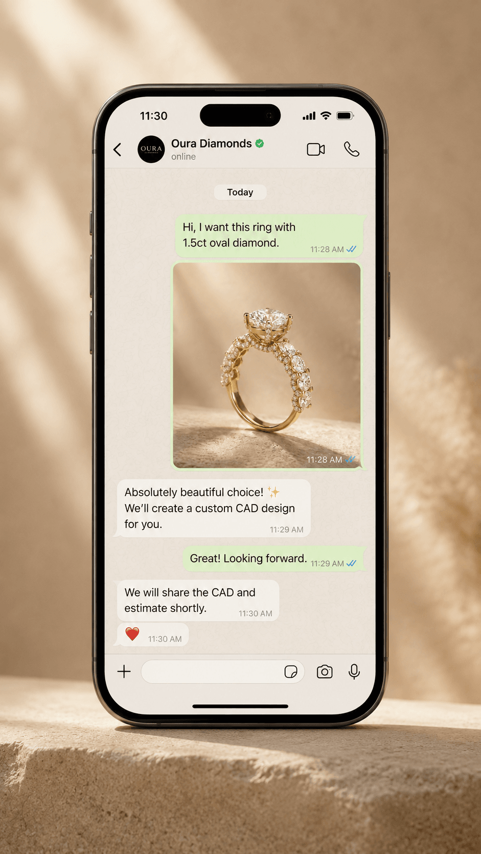 A WhatsApp conversation with OUVRA. The customer sends a photo of a ring and asks for it with a 1.5ct oval diamond; OUVRA replies that they will create a custom CAD design.