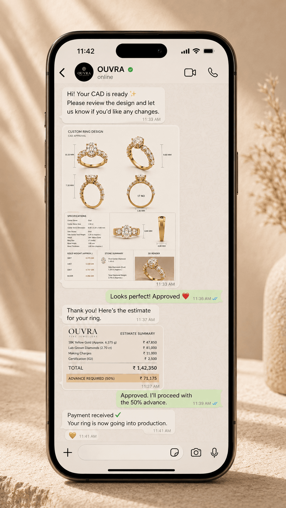 The same WhatsApp conversation continuing. OUVRA sends the CAD approval sheet, the customer replies “Looks perfect! Approved”, OUVRA sends an itemised estimate summary, the customer confirms the 50% advance, and OUVRA confirms the ring is going into production.