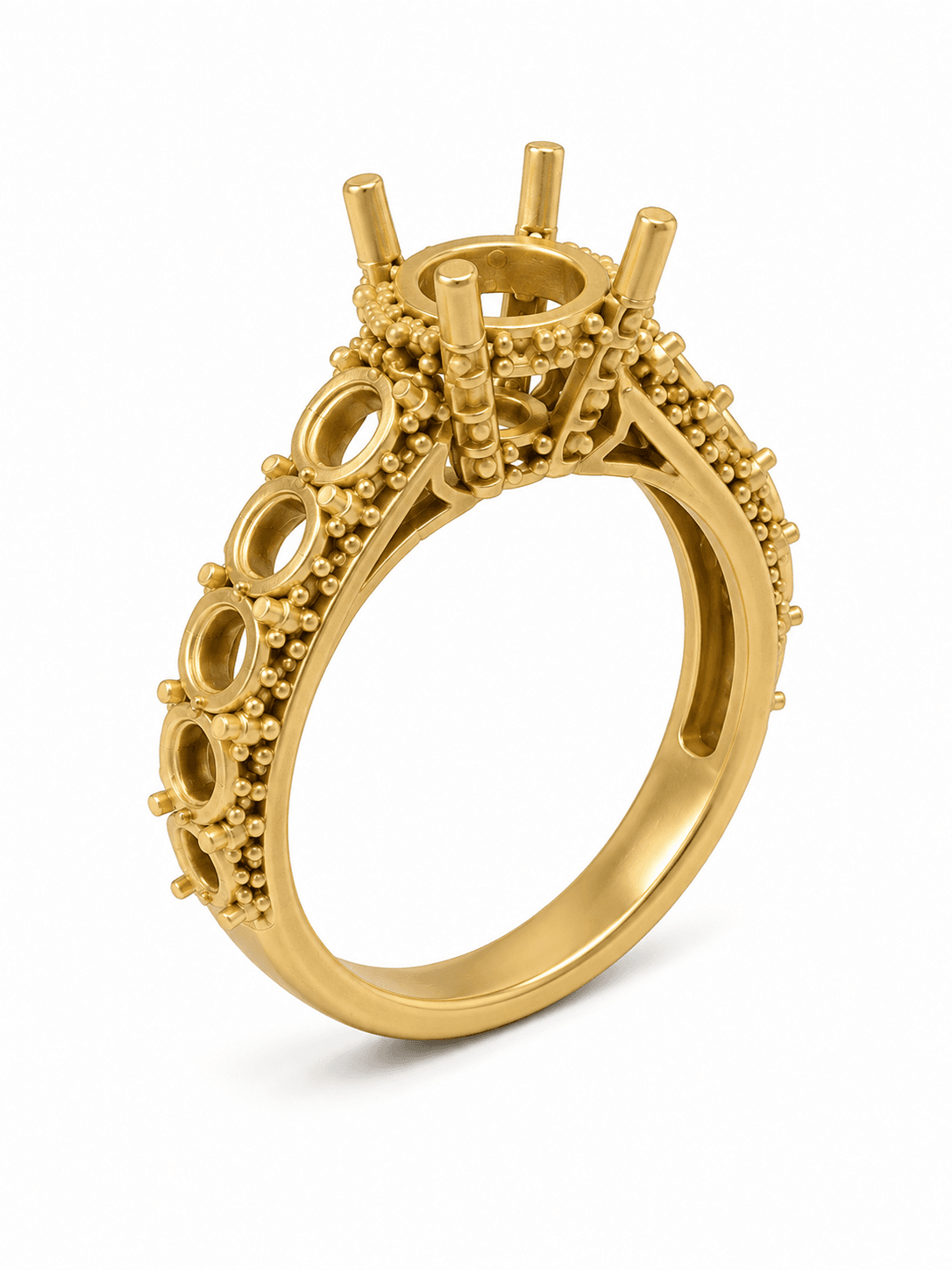 The same ring after casting, in raw 18K yellow gold, its settings still empty.