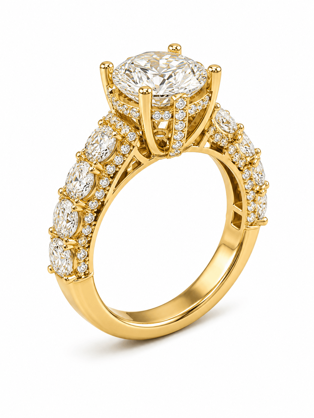 The same gold ring with its oval centre stone and side diamonds now set.