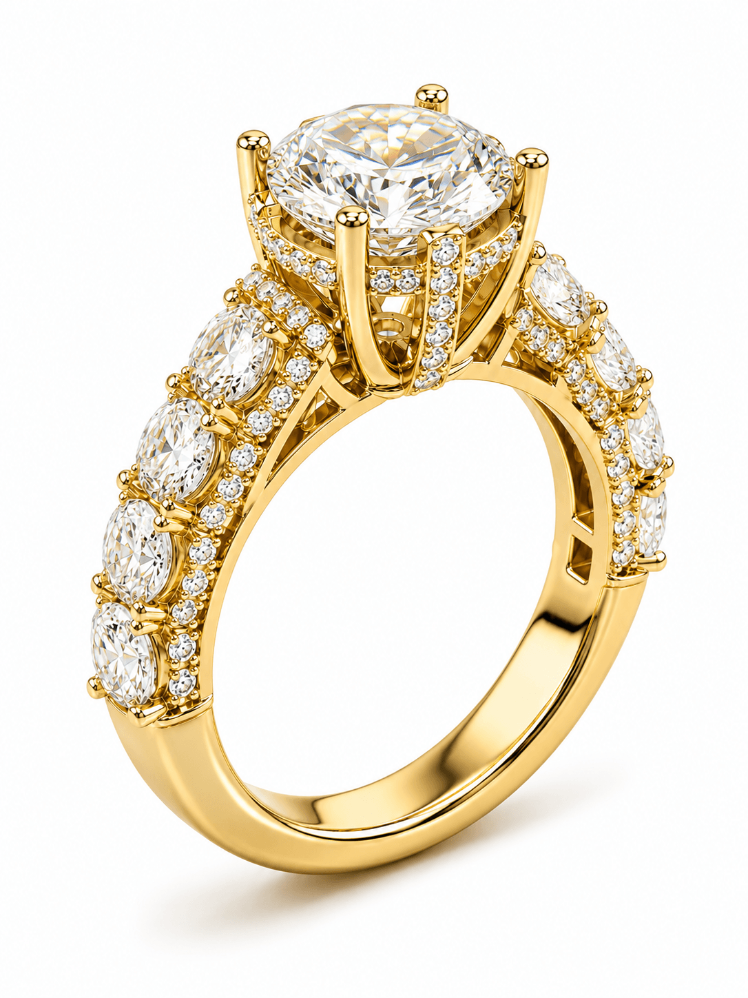 The finished ring after final polishing, the gold bright and the diamonds fully brilliant.