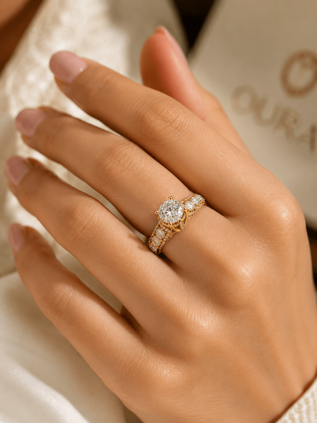 The finished OUVRA ring worn on the hand, resting against cream silk.